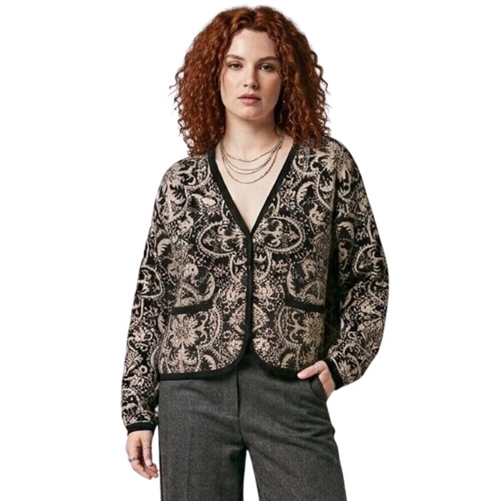 VTG 90s RENA ROWAN Relaxed Fit Baroque Knit V-neck Lambswool Cardigan SZ S